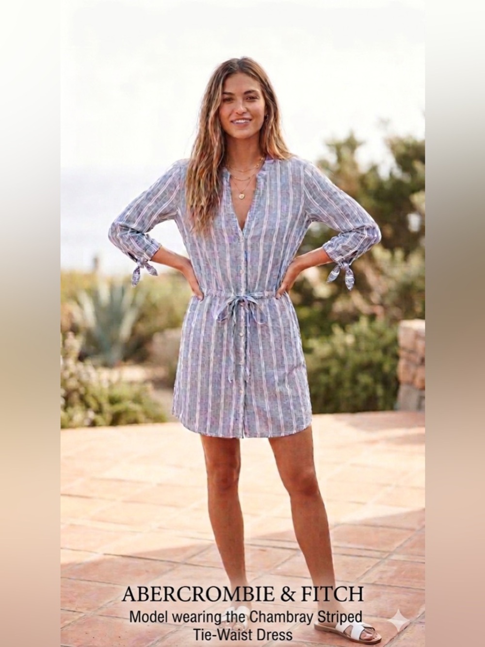Abercrombie & Fitch Chambray Striped Tie-Waist Dress in Blue and White Lined